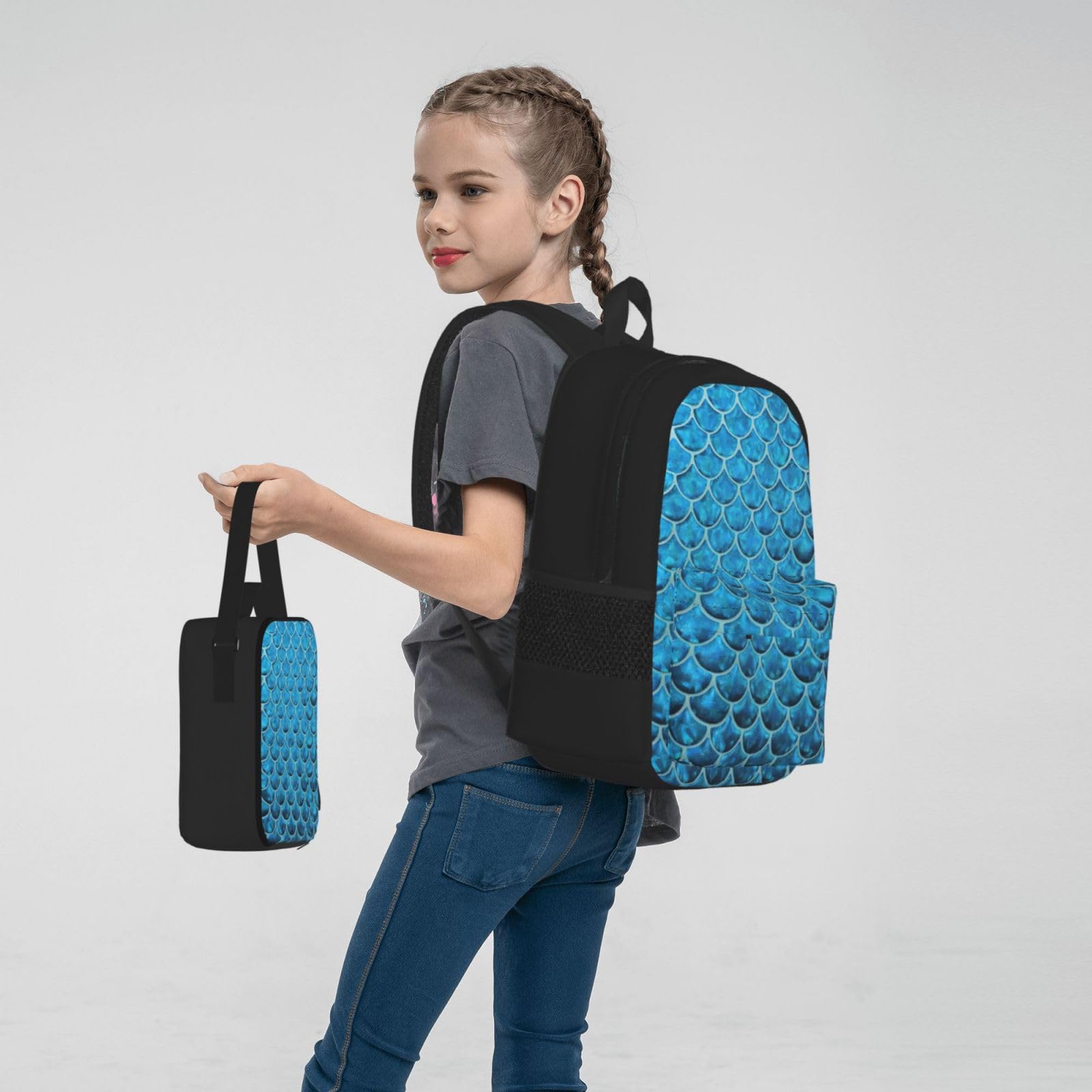 3 szt. niebieska ryba skala. Zestaw plecaka szkolnego z nadrukiem, wodoodporny plecak na laptopa o dużej pojemności z izolowaną torbą na lunch i piórnikiem dla nastolatków gimnazjalnych z