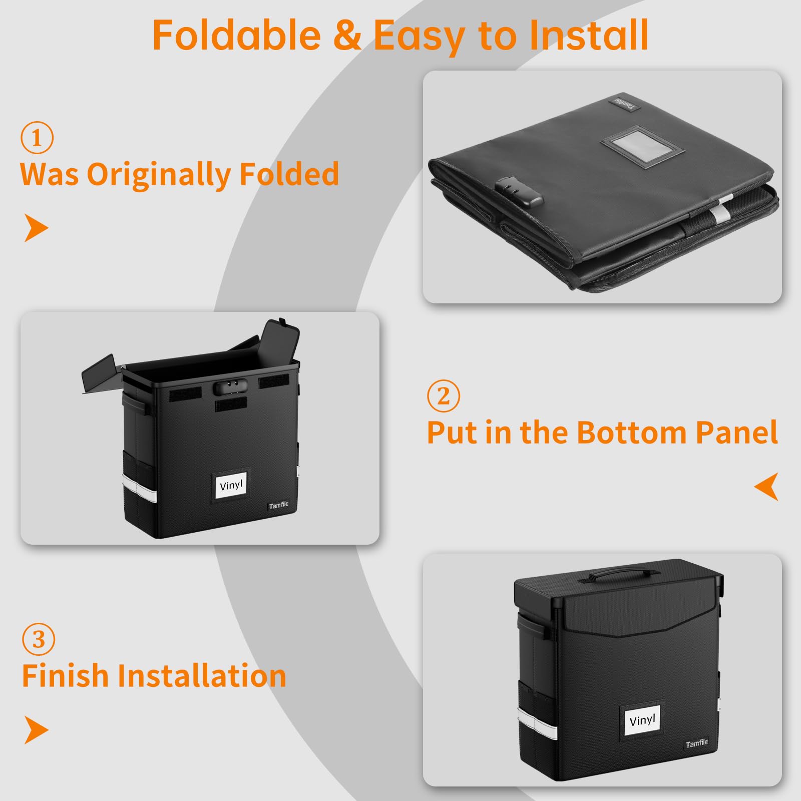 Tamfile Estuche de almacenamiento LP, caja de discos de vinilo ignífuga con cerradura, funda de transporte portátil plegable para DJ con cremallera impermeable con capacidad para hasta 50 + discos de
