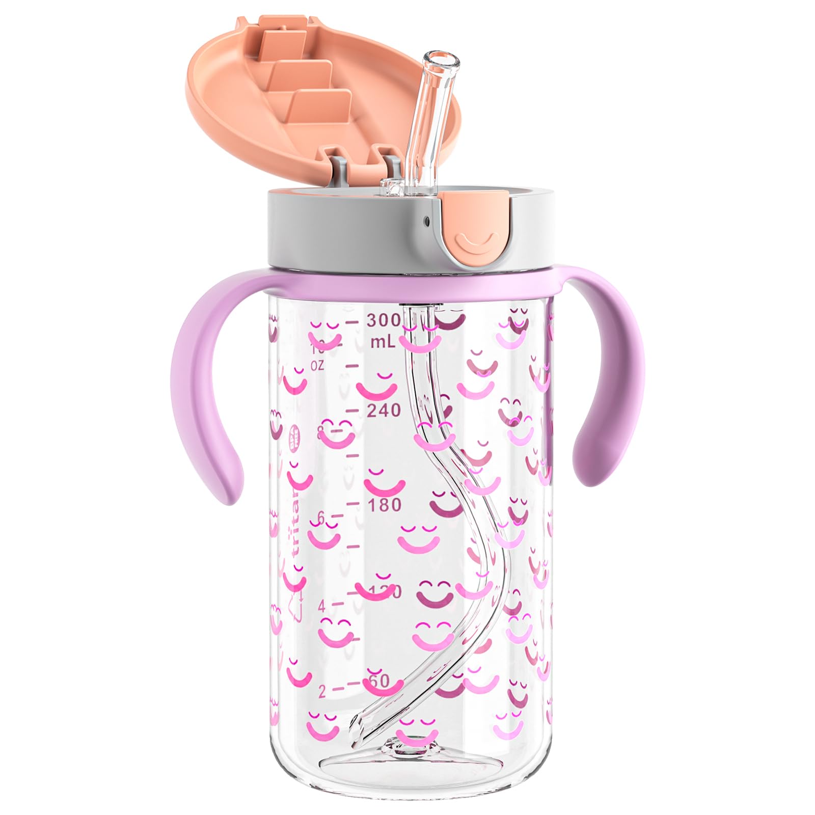 Evorie Tritan Spill Proof Toddler Straw Sippy Cup, 10 oz for Baby and Toddlers 1-3 Years Old, No Spill Straw Water Bottle with Removable Handles,