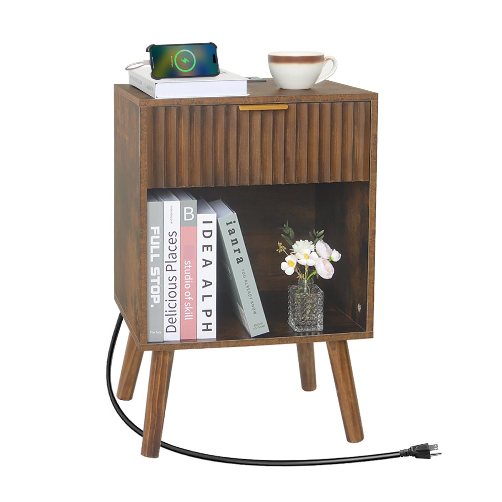 Fultyle Mid Century Modern Nightstand with Charging Station