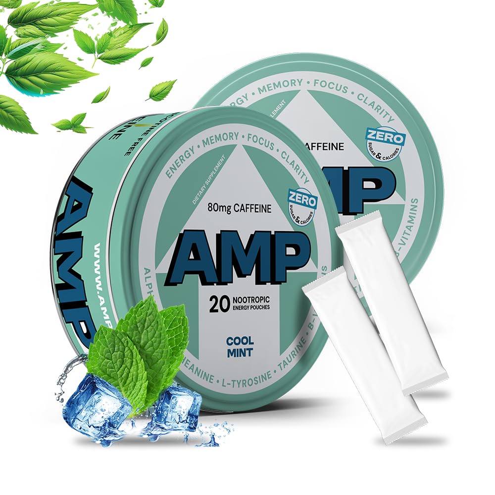 Energy Pouches Cool Mint 20 Pouches per Can 1 Pack - 80mg Caffeine & Nootropic Blend - Zero Sugar, Nicotine-Free - Enhances Focus, Memory & Performance