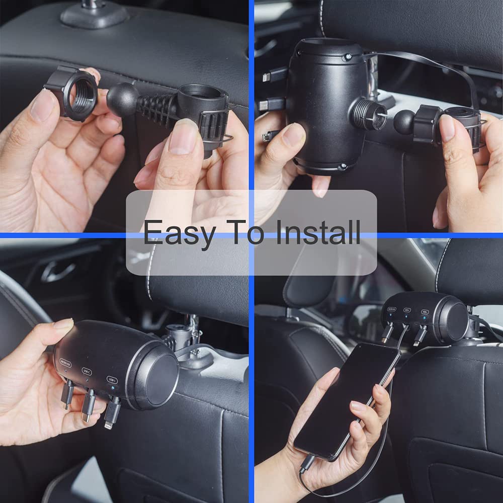 Riloer Cable de carga 3 en 1 para coche, caja de estación de carga para coche, cargador de coche retráctil para pasajeros para asiento trasero Android/tipo C