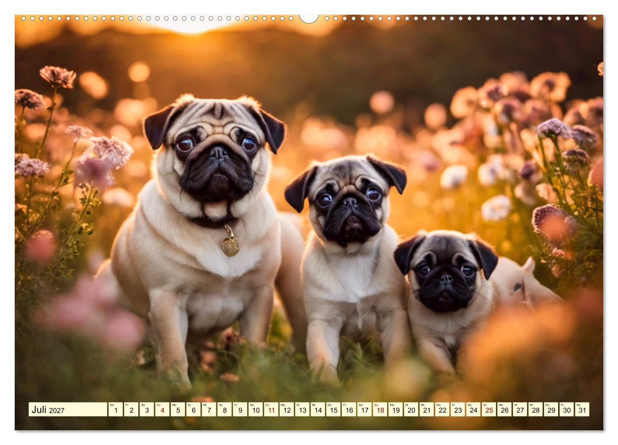 CALVENDO - Möpse - quirlige Charmebolzen (hochwertiger Premium Wandkalender 2027 DIN A2 quer), Kunstdruck in Hochglanz: Die i en Familien - und Seniorenhunde