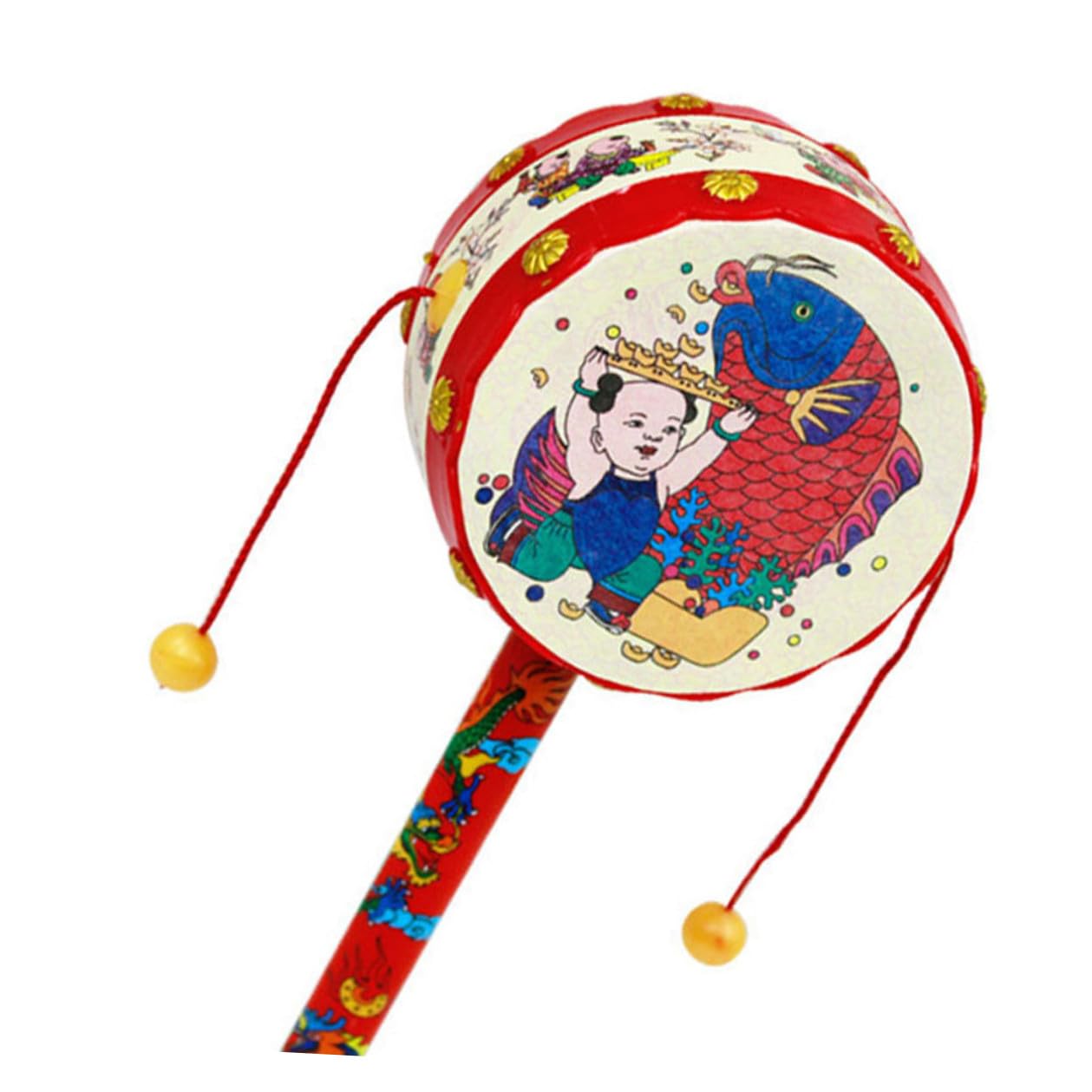 Wooden Baby Drum Toy, Traditional Chinese Spinning Rattle Drum for Newborns Infants, Natural Wood Sensory Toy for Hearing Development (7.5 Inch