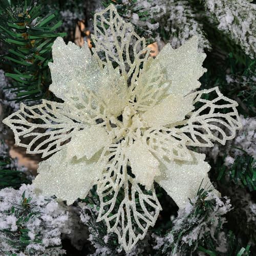 GL-Turelifes Paquete de 12 flores artificiales de Pascua con purpurina, corona de Navidad, adornos de flores para árbol de Navidad, 16 cm de diámetro con 12 piezas de pespigas verdes suaves (beige
