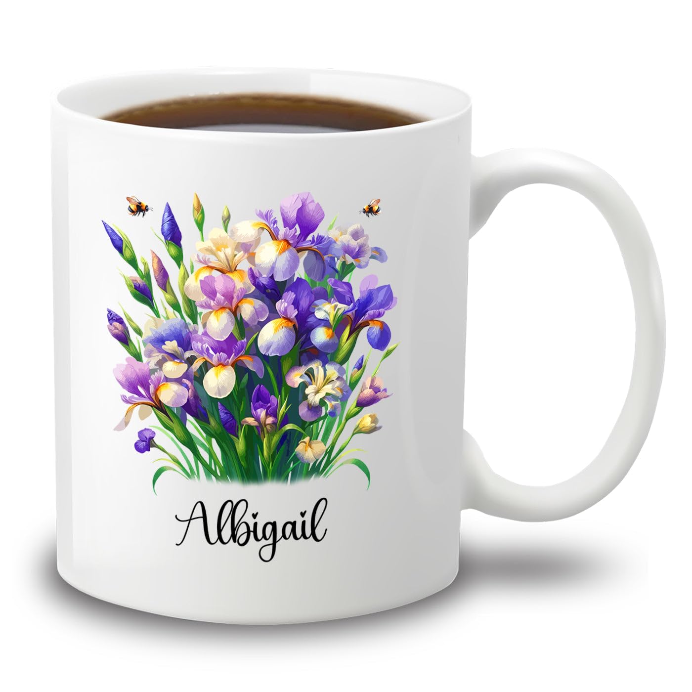 Personalized Iris White Coffee Mug, Iris Flower Teacup Gifts for Birthday, Customized Name Flower Lover Coffee Cup 11 Oz 15 Oz, Nature Floral Iris Ceramic Mug, Spring Flowers Iris Cup For Her Wife