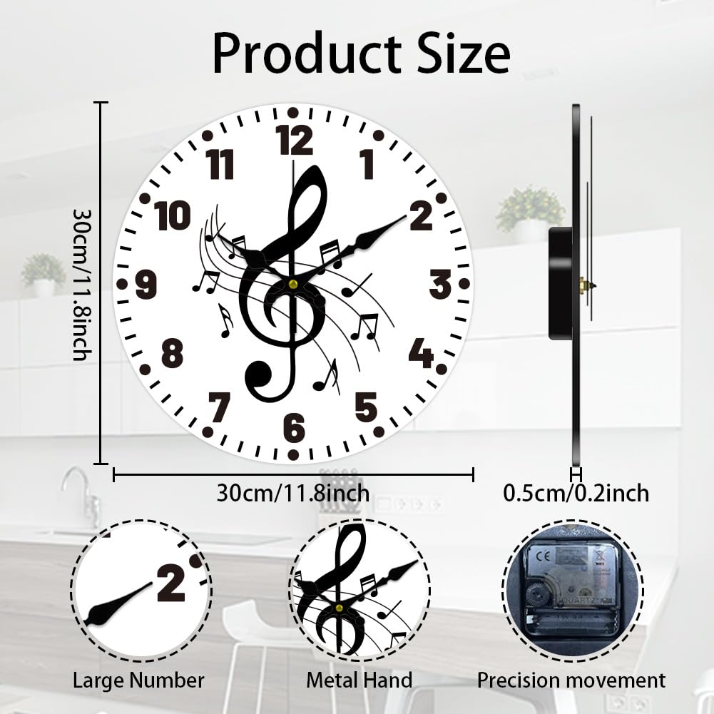 CHGCRAFT Reloj de Pared Redondo Decorativo de 12 Pulgada con Notas Musicales, Silencioso, Funciona con Pilas Y Sin Tictac., Nota Musical