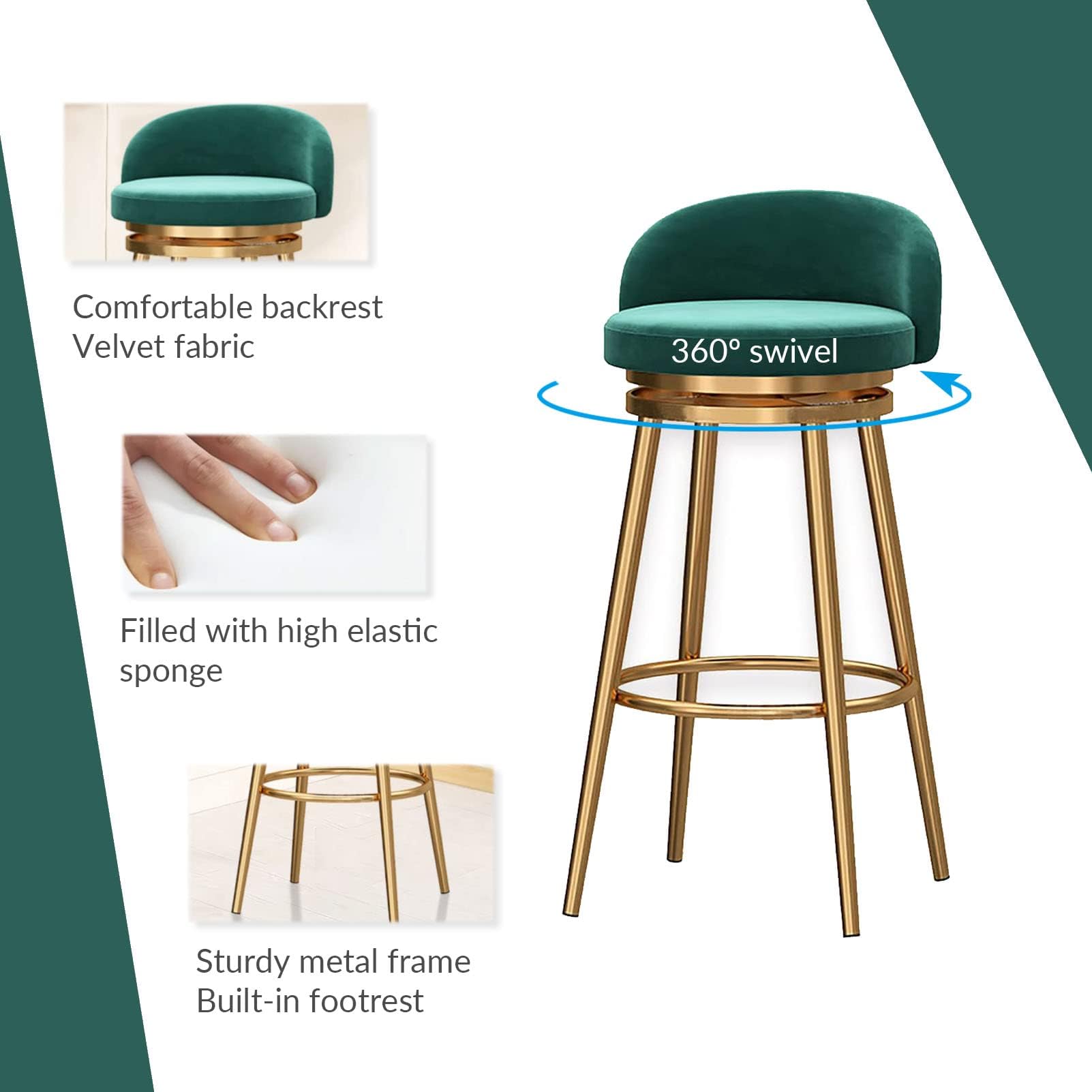 Lot de 2 tabourets de bar en velours – Tabourets de comptoir dos nu avec repose-pieds – Chaises rembourrées pour cuisine et salle à manger – Accent vert élégant pour décoration d'intérieur