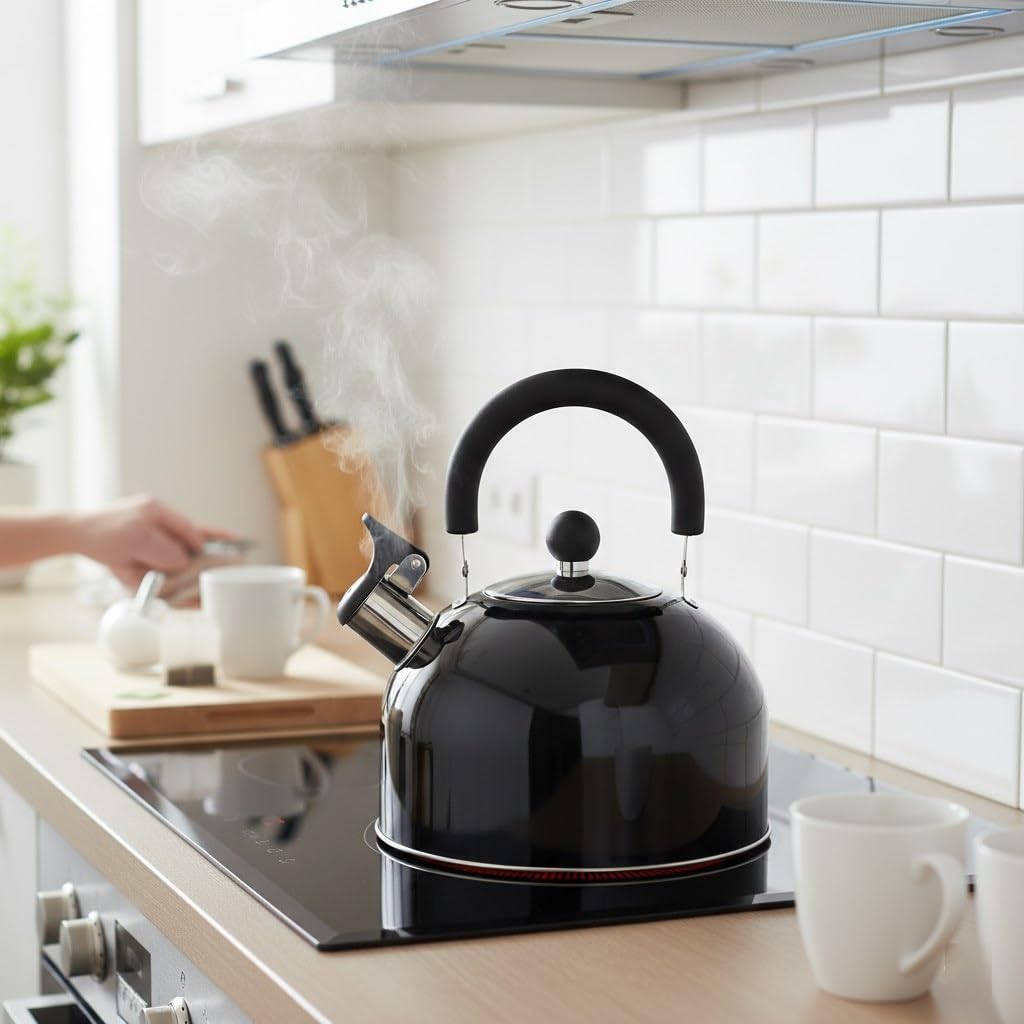 Stainless Steel Whistling Kettle, Fast-Boil Stovetop Tea Kettle, 2.5L or 3.5L, Metallic Green or Black & Chrome (Mettalic Black, 2.5L)