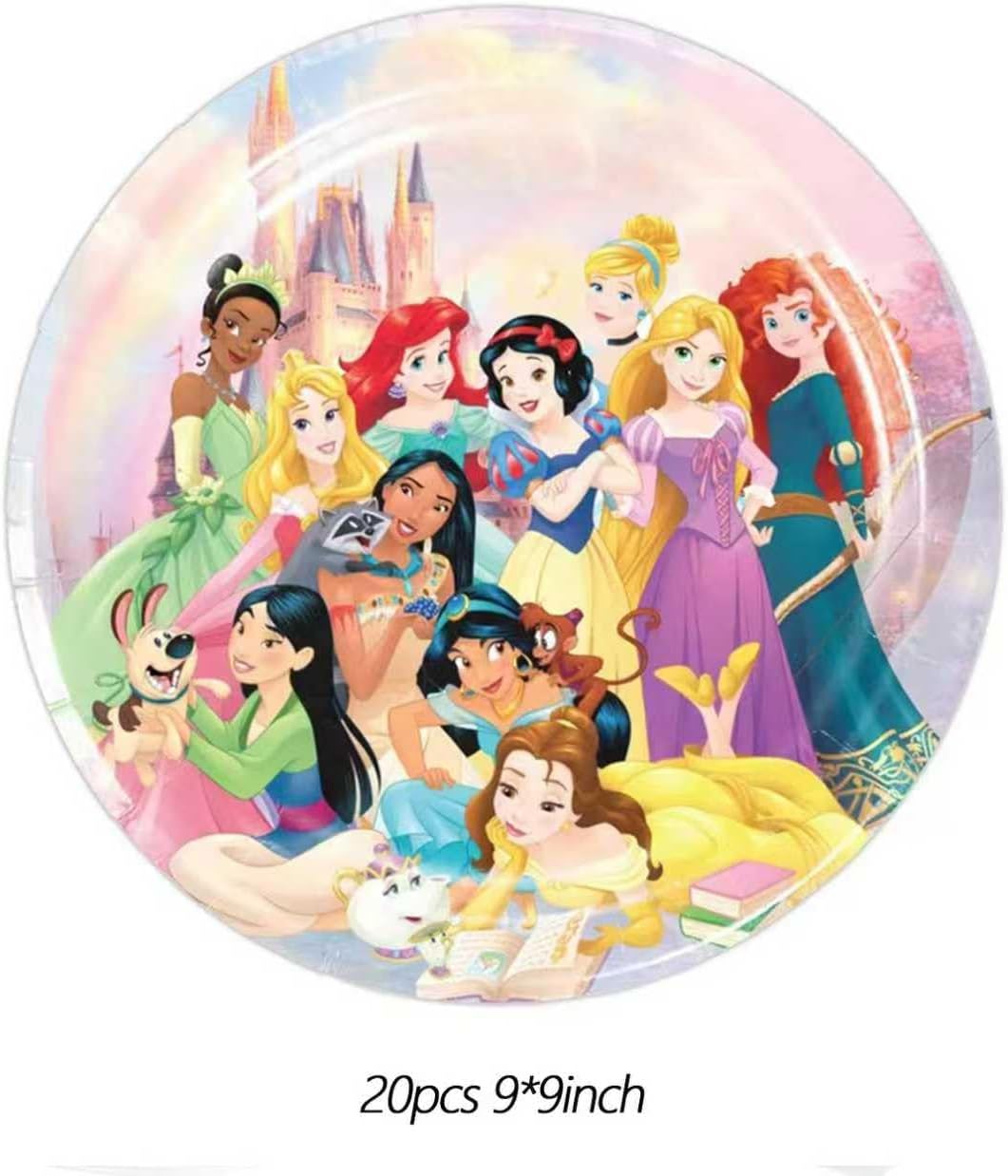 88PCS Disne Princess Birthday Decorations:40 Plates (9 inch + 7 inch), 20 Napkins, 20 Cups, 1 "Happy Birthday" Banner, 6 Hanging Swirls, 1 Tablecloth