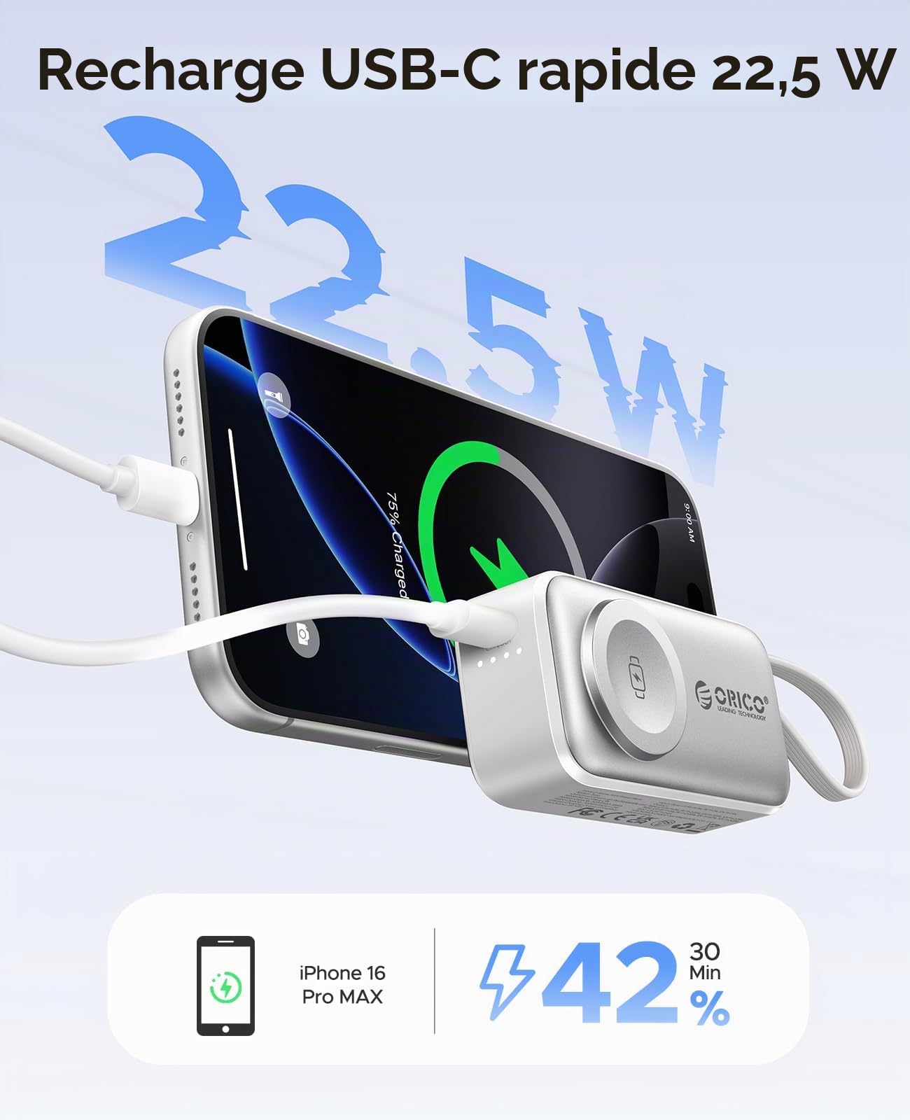 ORICO Mini Batterie Externe 5000mAh, Compatible avec Apple Watch et iPhone | Charge rapide PD 22,5W, connecteur USB-C pliable, câble USB‑C intégré, Blanc