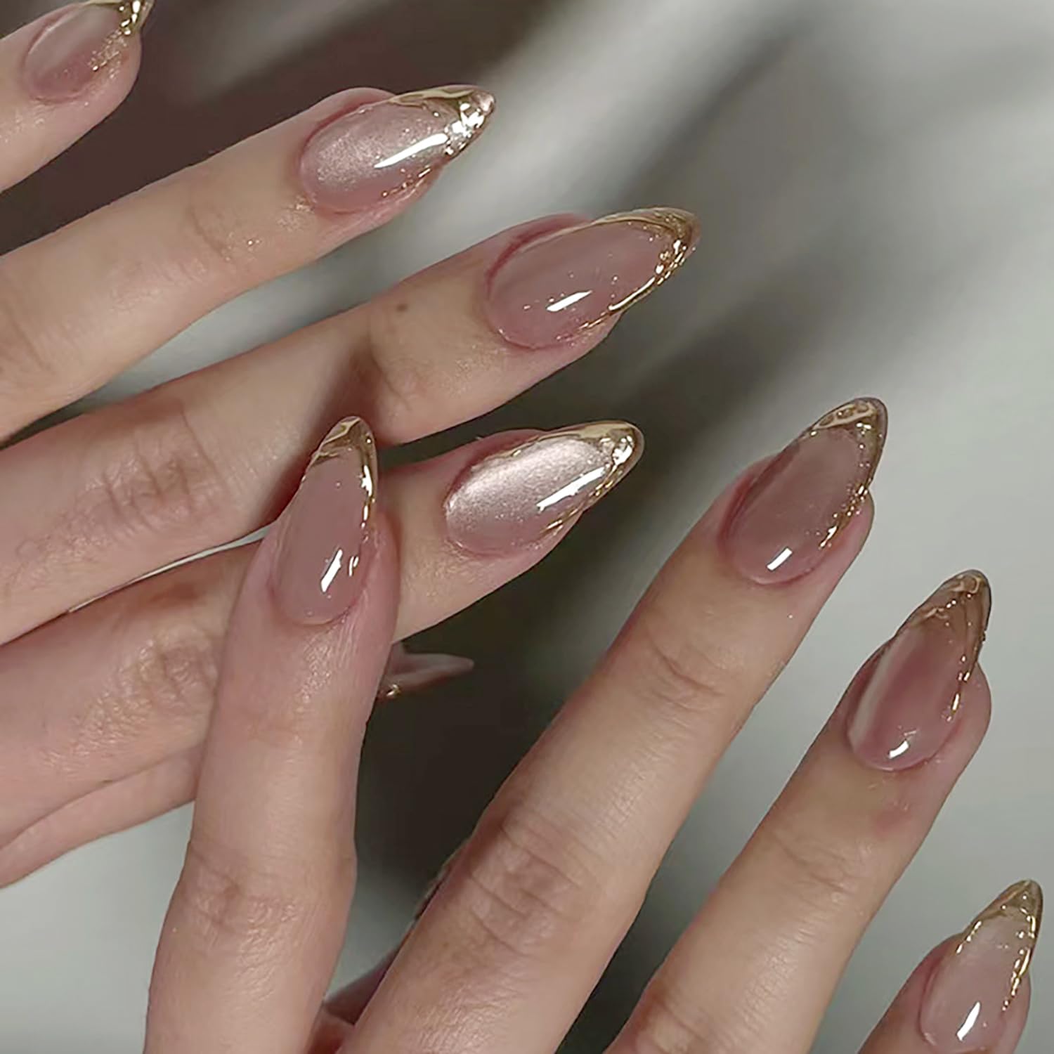 French Tip Press on Nails Medium Almond Fake Nails Bling Aurora Pink False Nails 3D Gold Chrome Nails Tip Stiletto Acrylic Nails Mirror Metal Stick on