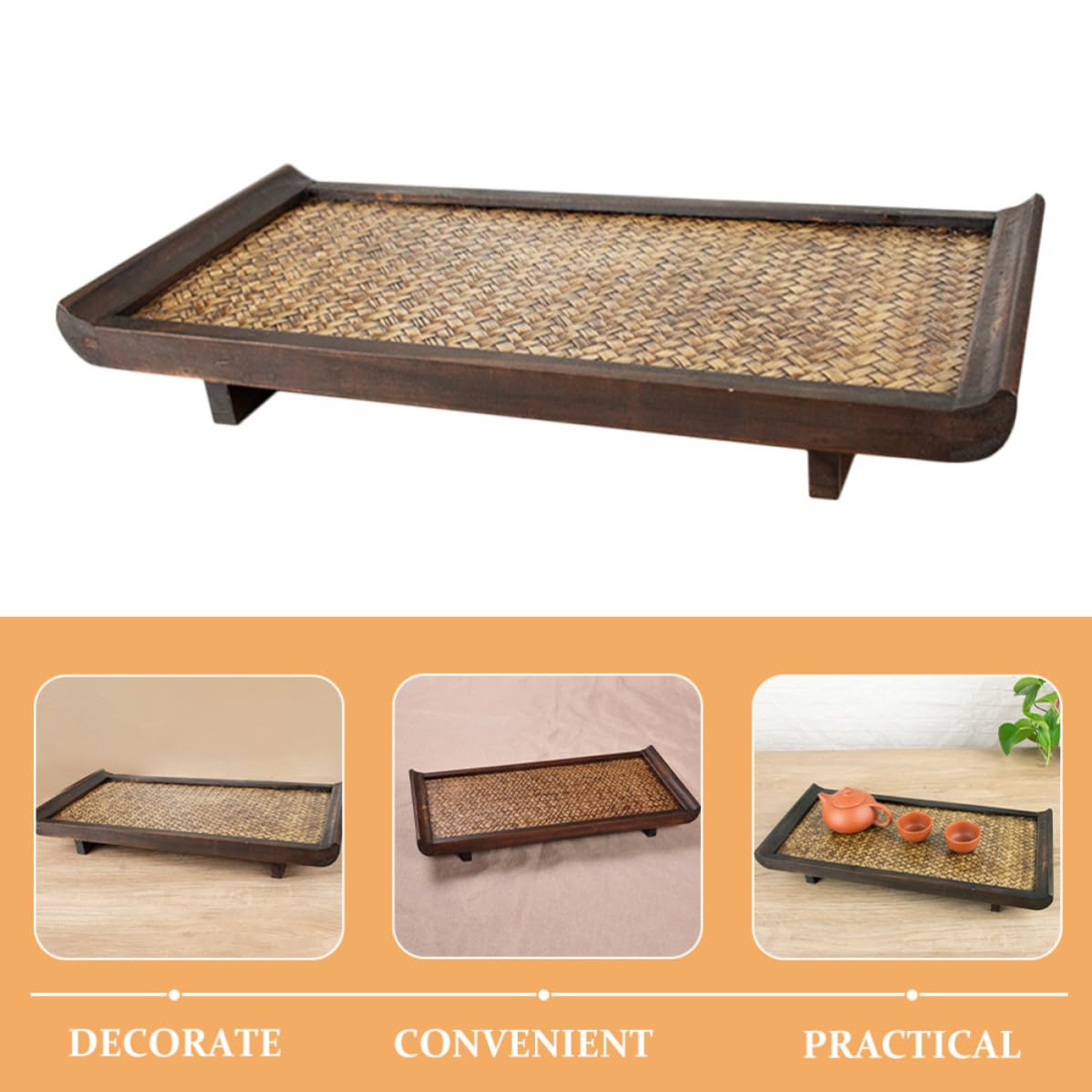 Gadpiparty Bandeja Rectangular de Madera y Bambú para Servir Comida y Tazas de Té, Diseño Simple y Portátil, Adecuado para Reuniones Familiares y Cafeterías