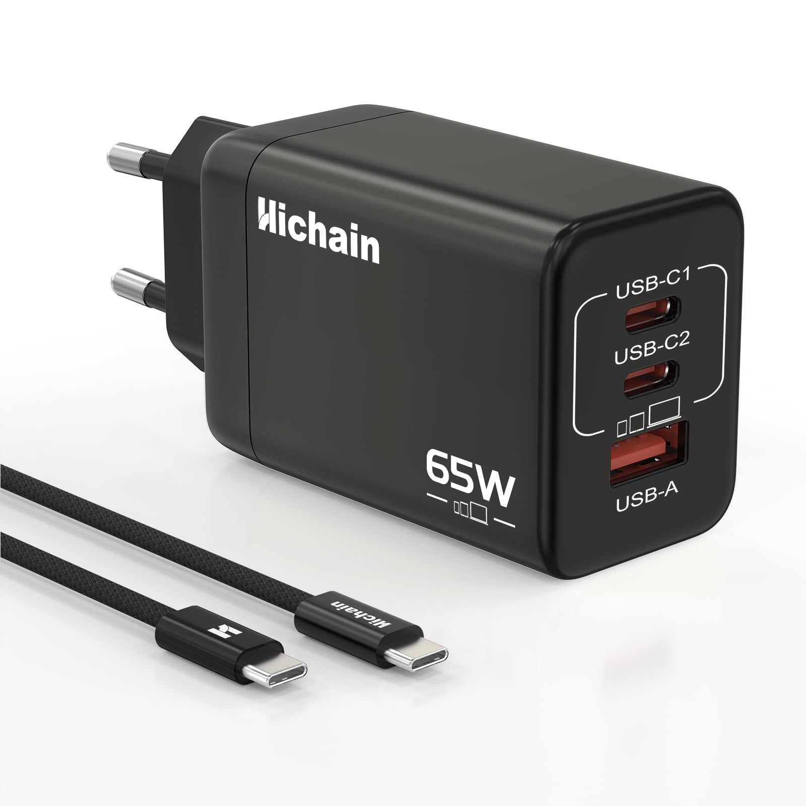 Hichain Caricatore USB C 65W 3 Porte PD & QC3.0 GaN Caricatore Rapido per iPhone 17 Pro Max Air/16 Plus Pro Max/15/14/13/12, Galaxy, Pixel 4/3, iPad/iPad Mini Con cavo 1.2m