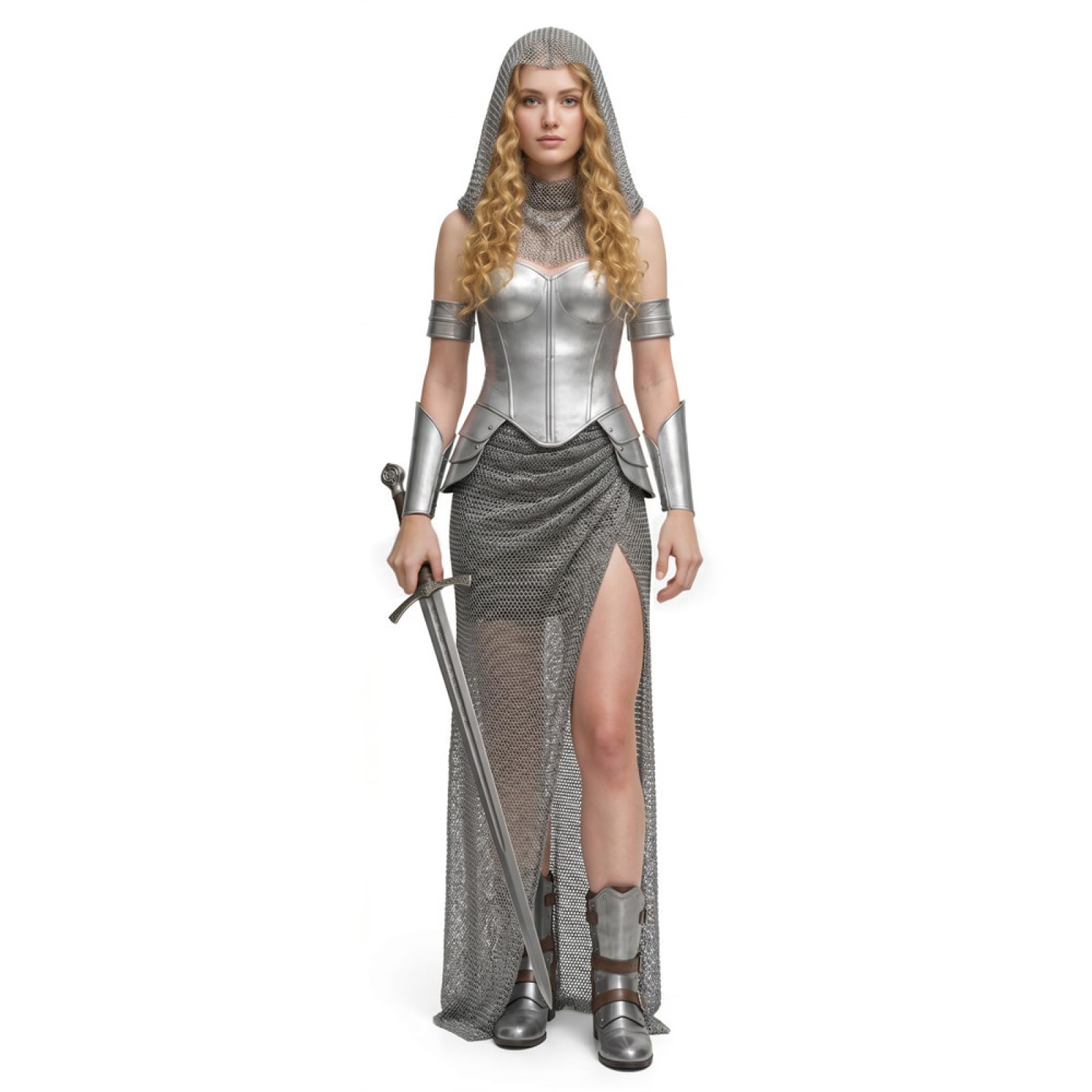 Womens Medieval Knight Costume Halloween Chainmail Cosplay Fancy Dress-XL