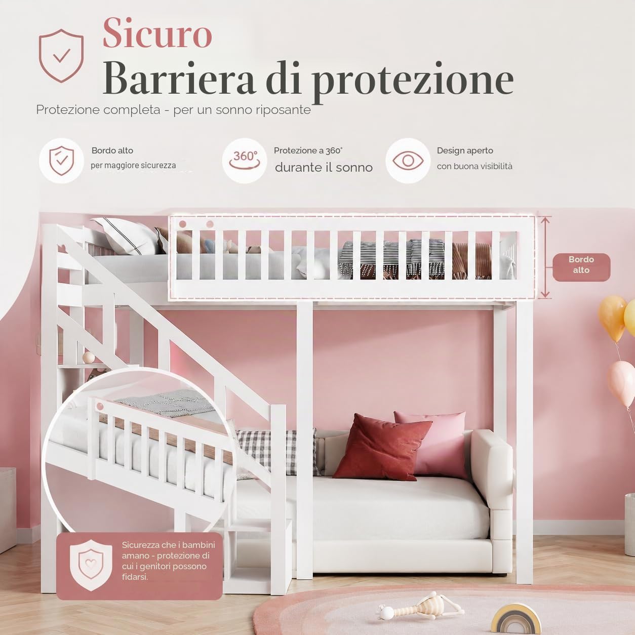 Letto a castello 140x200 cm, letto a soppalco con scala e armadietto, letto a castello con rete a doghe e protezione anticaduta, letto per bambini in legno massiccio di pino, senza materasso