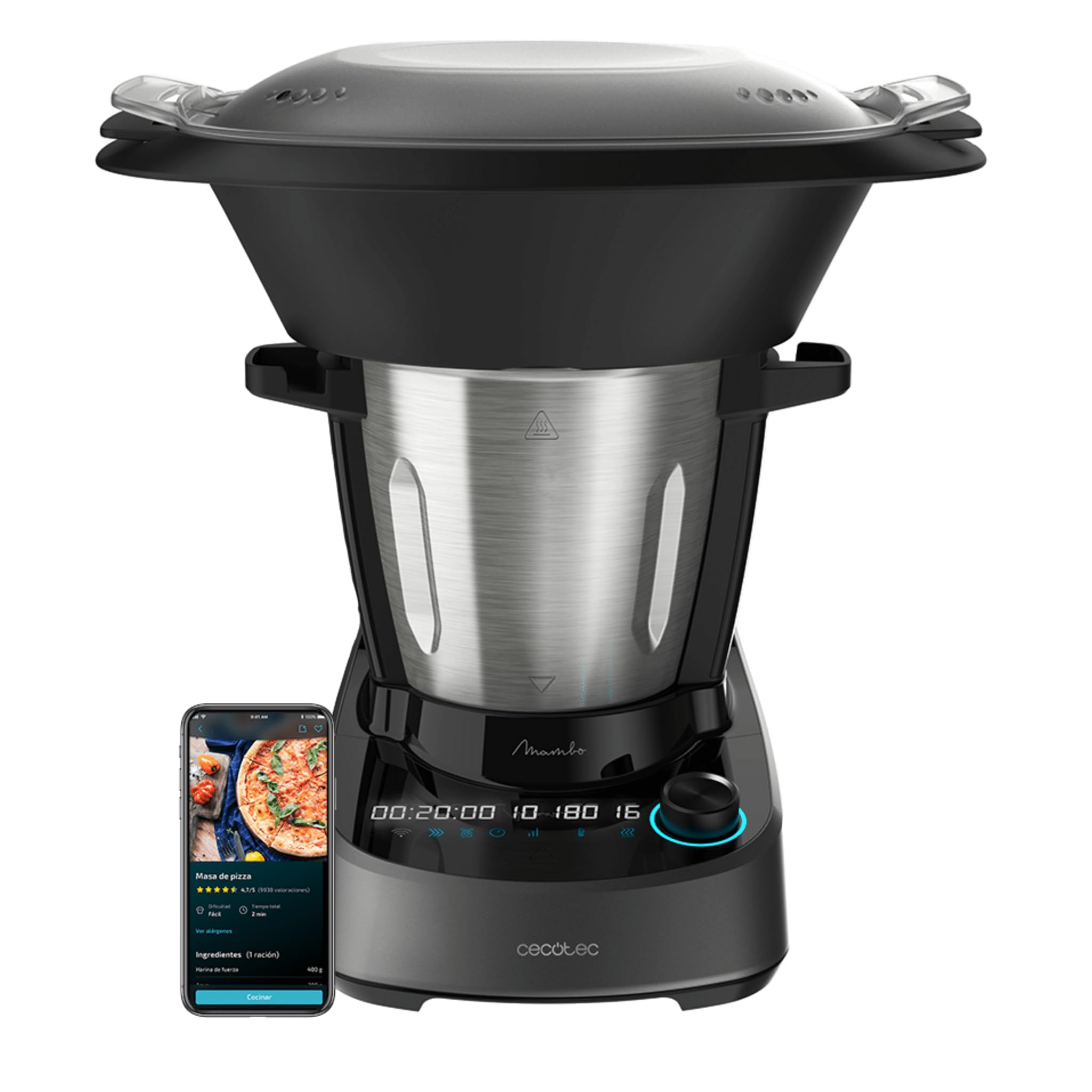 Cecotec Multifunktions-Küchenmaschine Mambo 11090, 1600W, 37 Funktionen, APP, Waage, 3,3L Edelstahlkrug, Spülmaschinenfest, Rezeptbuch und Zubehör, Selbstreinigung, MamboMix-Löffel