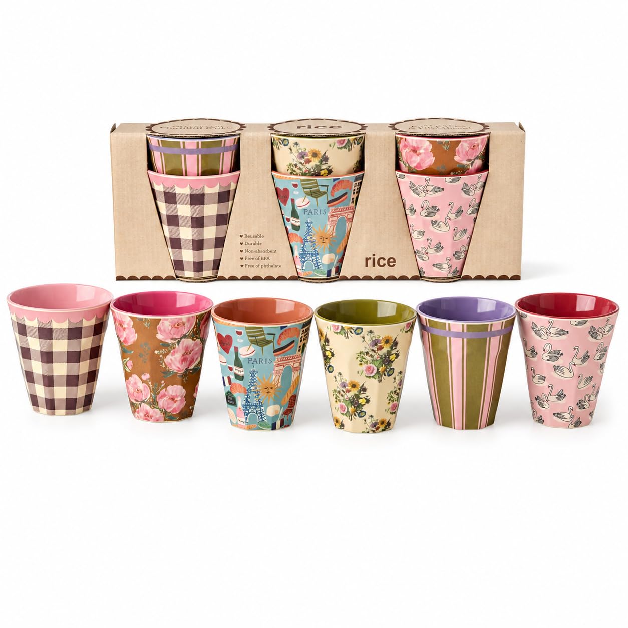 ReWu RICE Melaminbecher 6er Set Bon Vivant Design, 250 ml, bunt