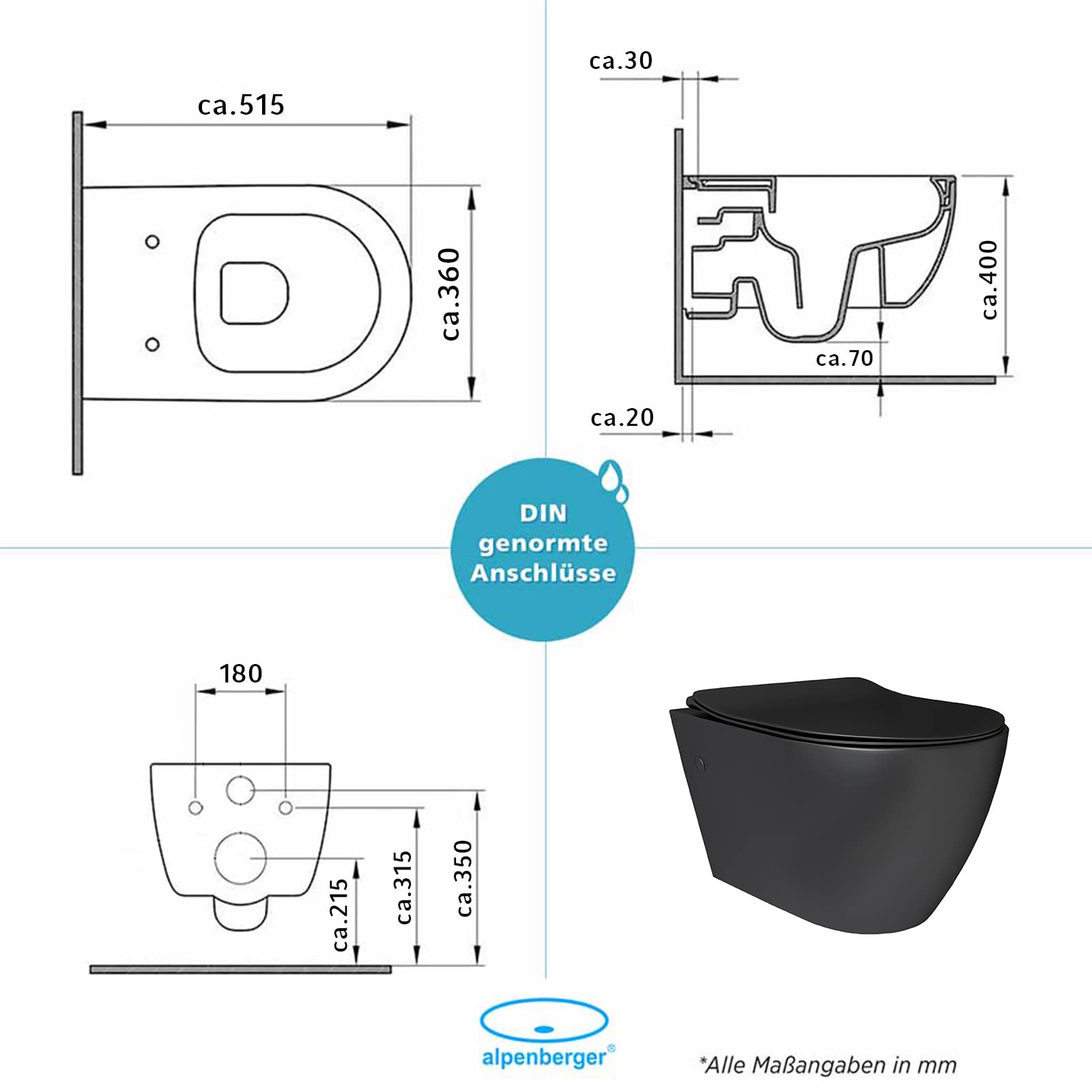 Alpenberger WC sospeso nero con rivestimento nano | WC da parete senza bordo | Sedile WC Softclose | Lavastoviglie senza bordi e appeso a parete | WC in ceramica | Design moderno