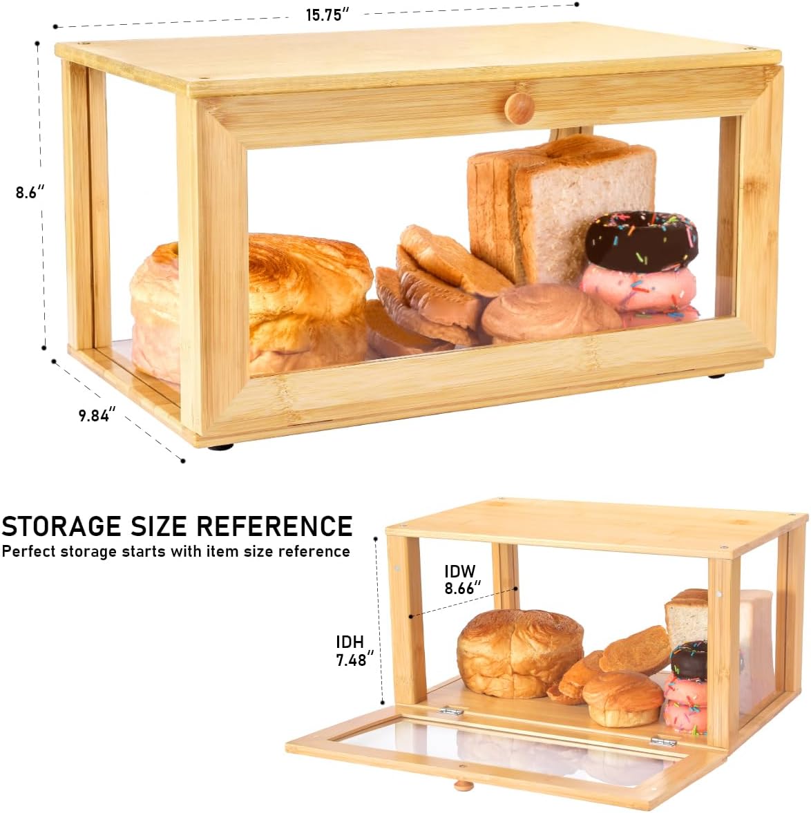 ETMI Bamboo Bread Box for Kitchen Countertop Pastry Display case kitchen Storage (bamboo clear)