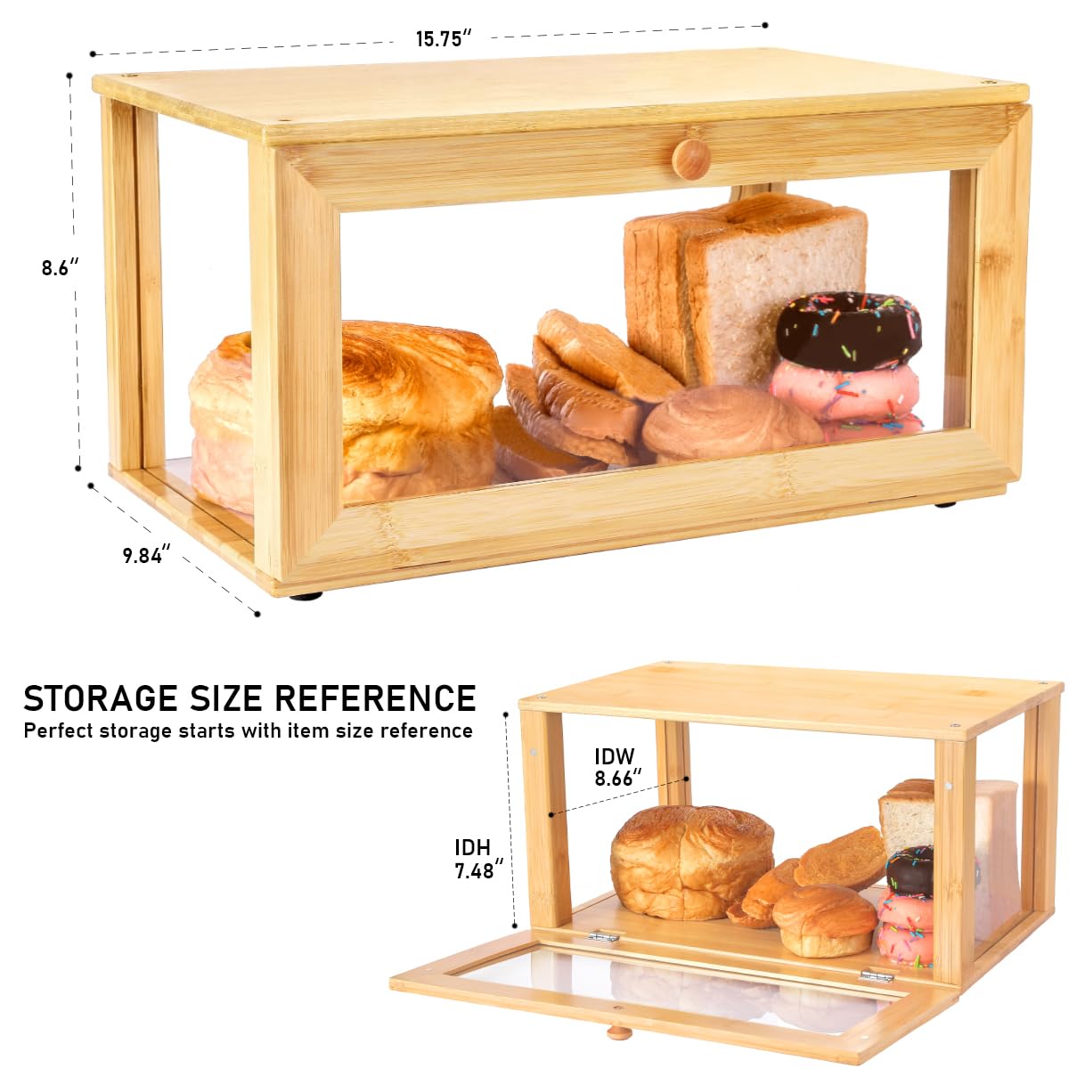 Caja de pan de bambú para encimera de cocina pastelería vitrina almacenamiento de cocina (bambú transparente) 5