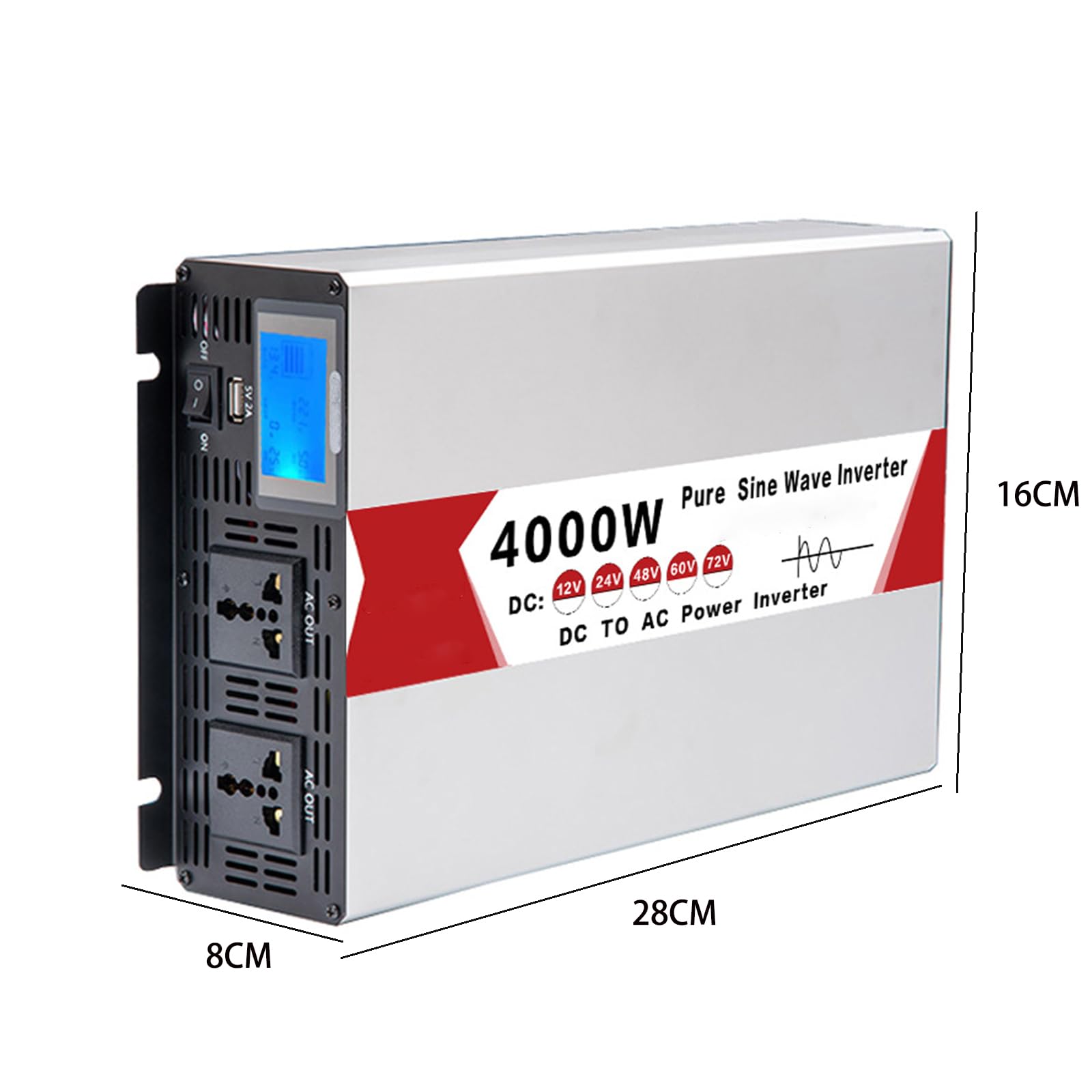 Przetwornica napięcia o dużej mocy do kamperów 4000 W (szczyt), DC 12 V/24 V/48 V/60 V do 220 V 50 Hz, z wyświetlaczem LCD HD, 2 gniazda AC do podróży