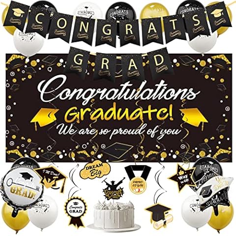Recosis Graduation Party Decorations, Black Gold Congrats Grad Banner Cards, Graduation Backdrop Sign, Hanging Swirl, Cake Flag, Foil Star Heart Balloons for College Junior Senior Grade School Decor Cover