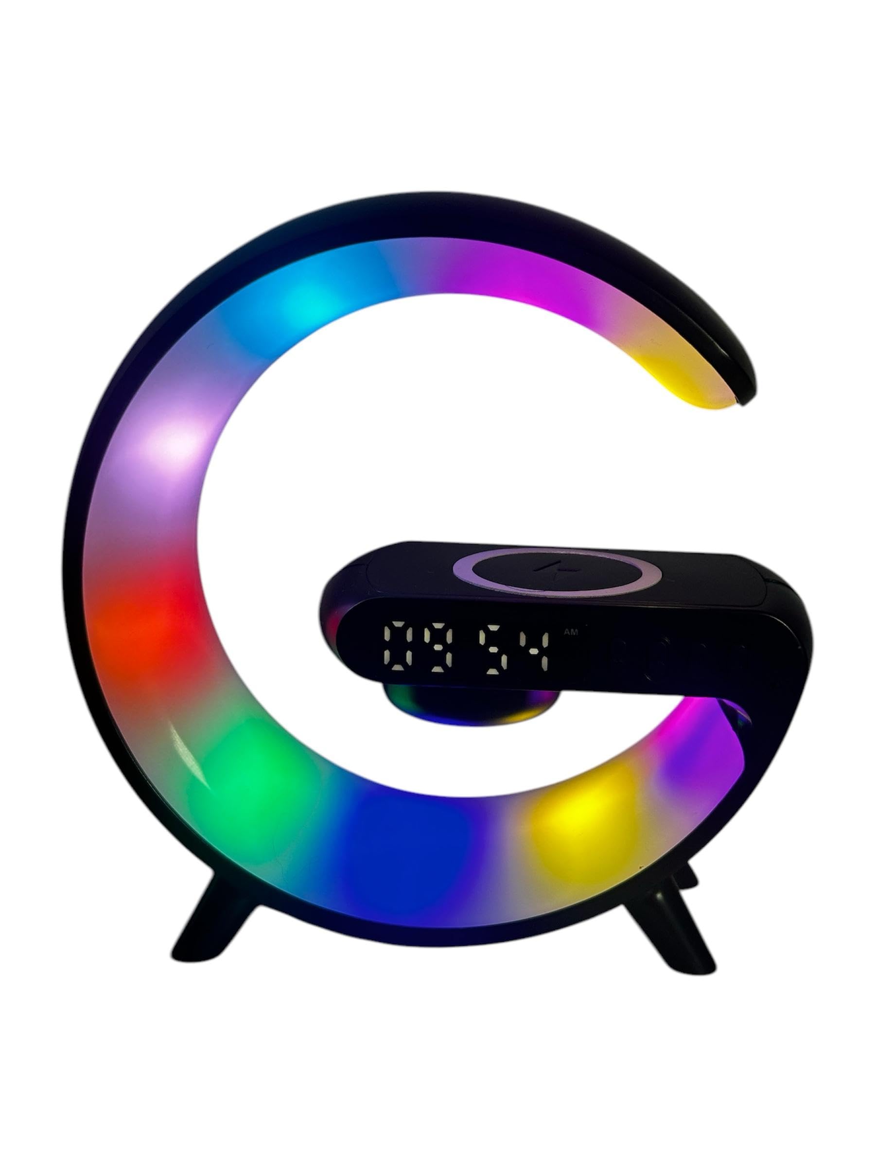 OrionMart Alarm Clock G Shaped Bedside Lamp Wireless Charger & Speaker - Color Changing Table Lamp Night Light - Premium Gift Idea