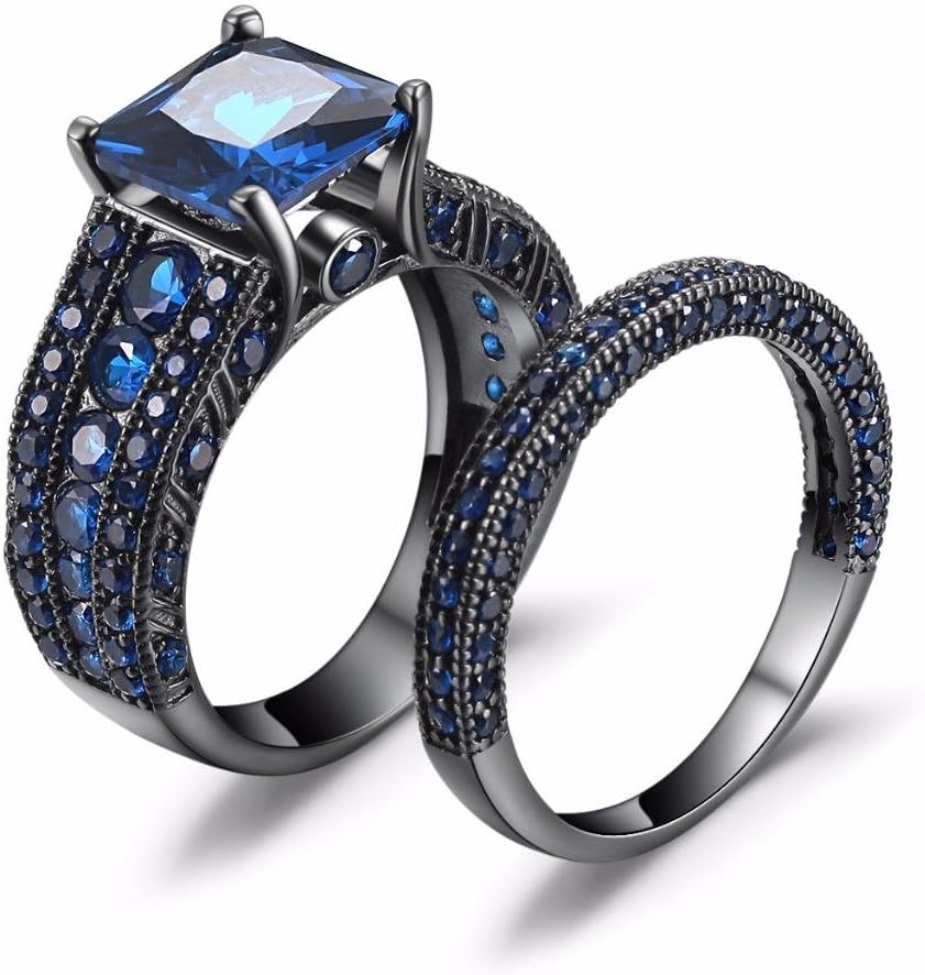 Castillna Black Sterling Silver Princess Cut Created Blue Sapphire Engagement Wedding Bridal Rings Set