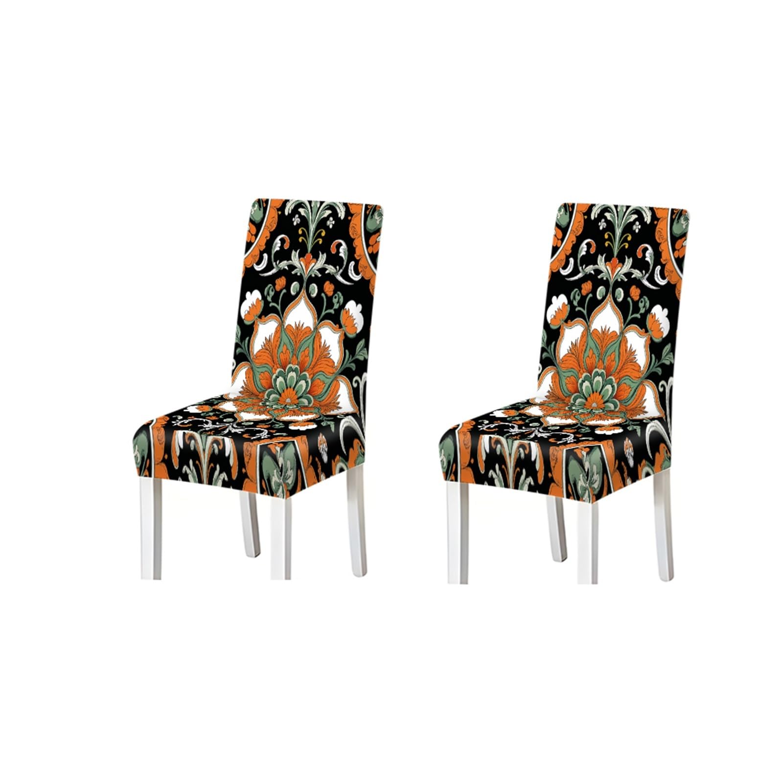 FZJKGH Bohemian Orange Green Damask Floral Pattern Print Dining Chair Covers Set Of 2/4/6, Stretch Slipcovers For Kitchen Dining Room Removable Stretch Slipcovers for Dining Chairs(2PCS Chair cover)