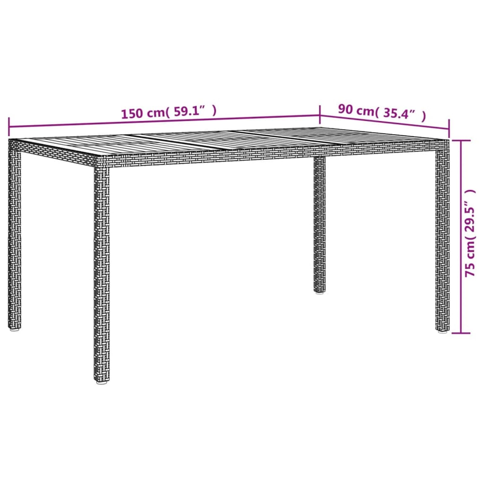 Stół do jadalni na zewnątrz, stół ogrodowy, drewniany stół tarasowy, 150 x 90 x 75 cm, polirattanowy i szary drewno, na podwórko, bistro, trawnik, balkon