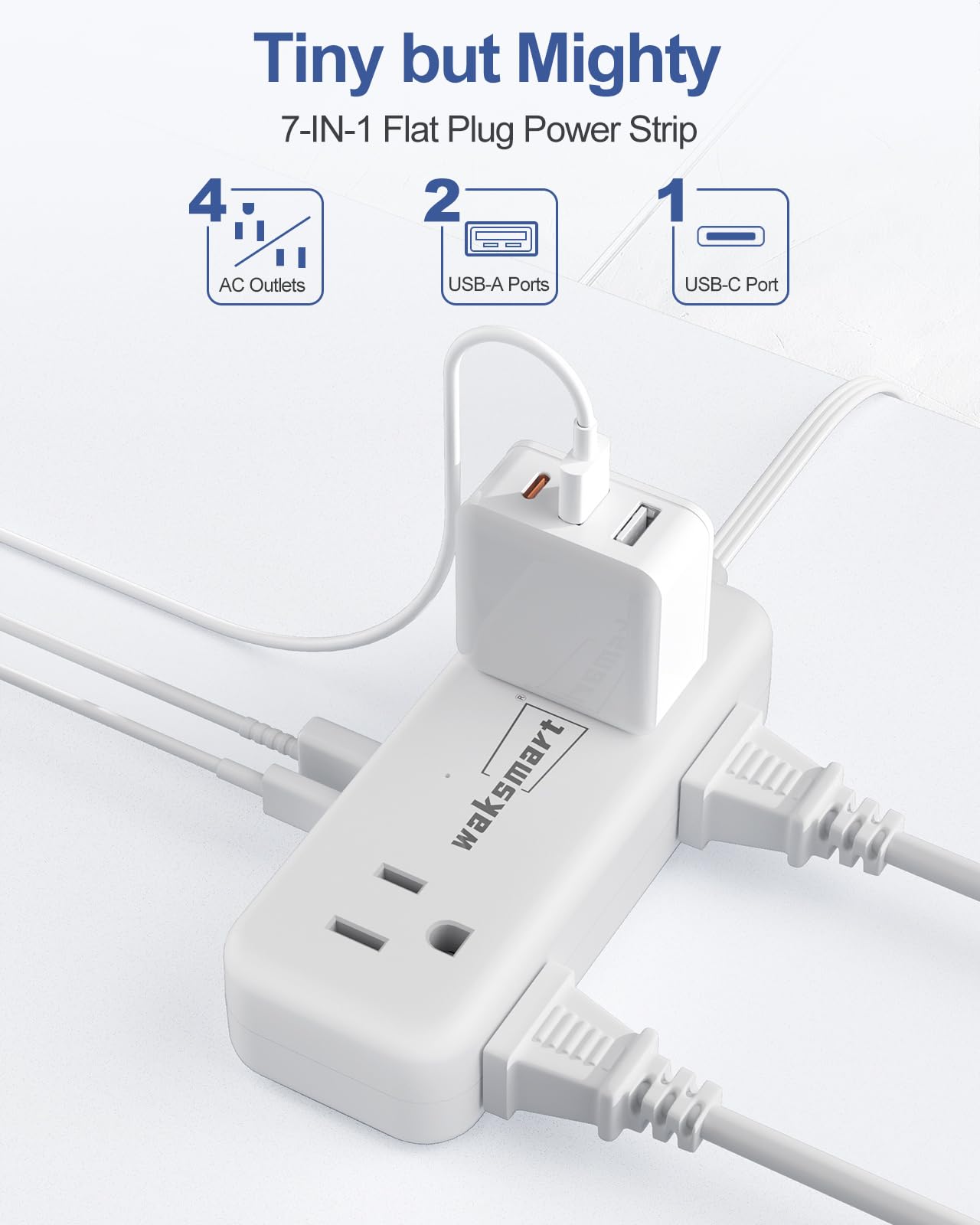 PD20W 3-Fuß-Flachstromleiste mit 4 AC-Ausgängen, 3 USB-Ports mit Schnellladung, kompakte flache Wandsteckdose für Studentenzimmer, Reisen, Zuhause, Büro und