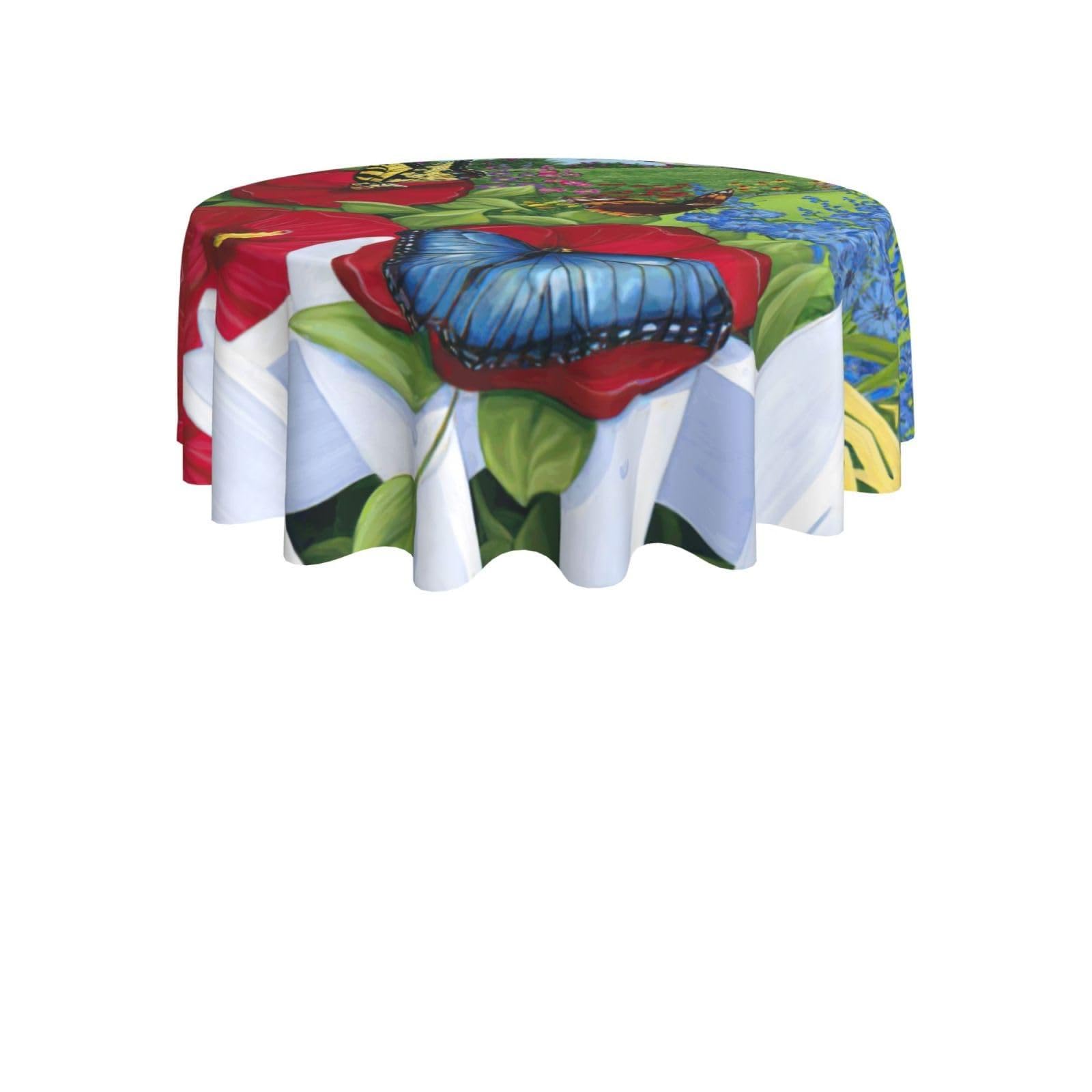 ENGhjes bird Butterfly Flower Print Round Tablecloth 60in Washable Stainproof Polyester Cloth for Kitchen Idea