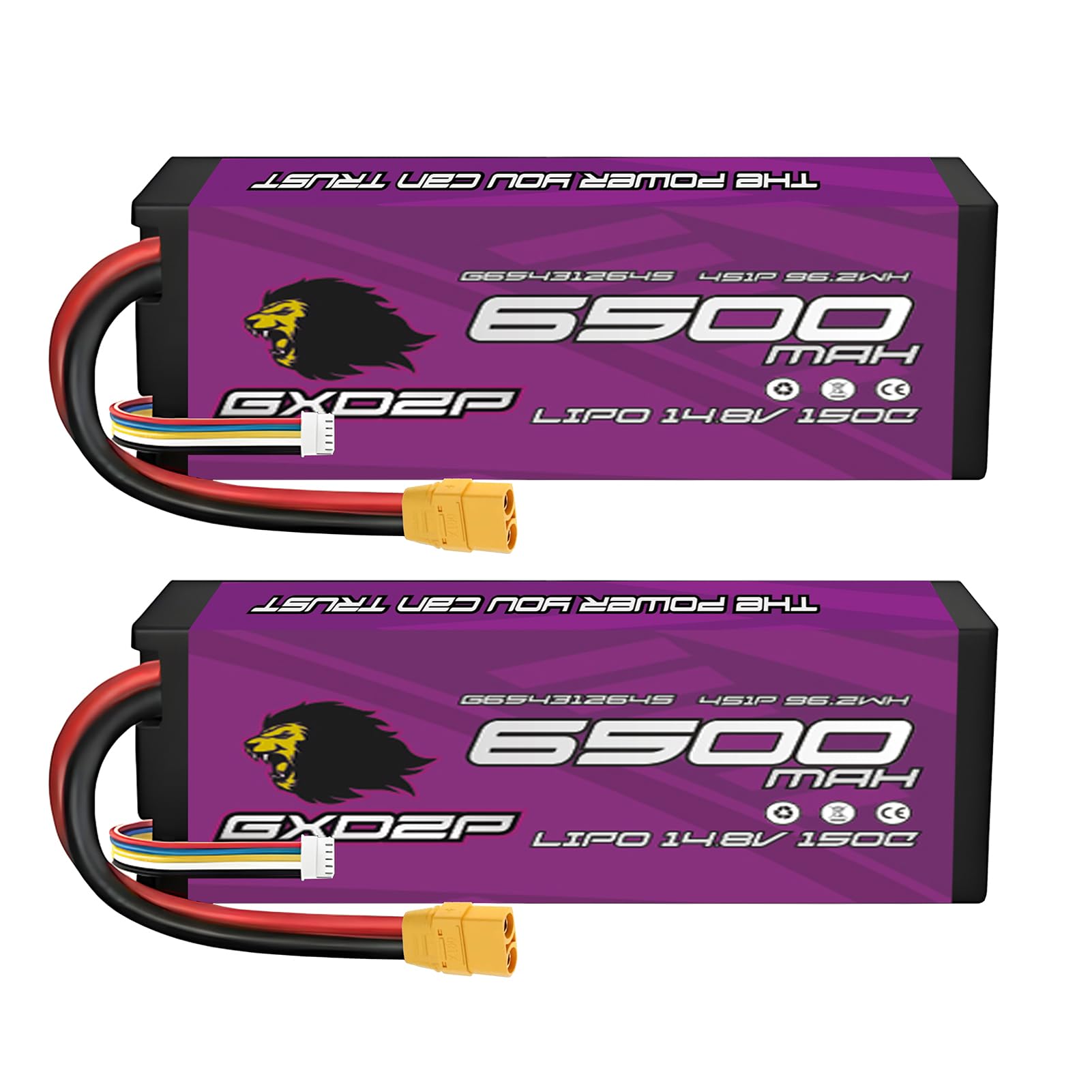 GXDZP 4S LiPo Battery 6500mAh 14.8V 150C XT90 Plug Hard Case High Discharge RC Lipo for 1/10 1/8 Scale RC Cars Trucks Buggies Truggy Boats Airplanes Helicopter Quadcopter FPV Racing Drone UAV - 2 Pack