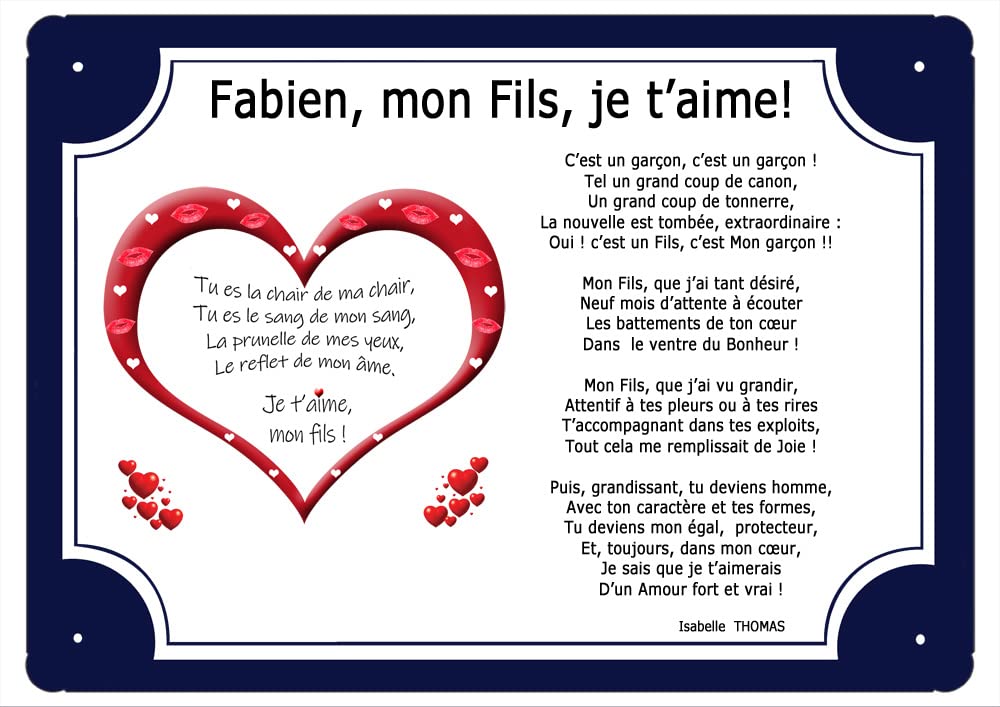 Cadre métal à personnaliser avec un poème pour mon Fils Fabien à mettre