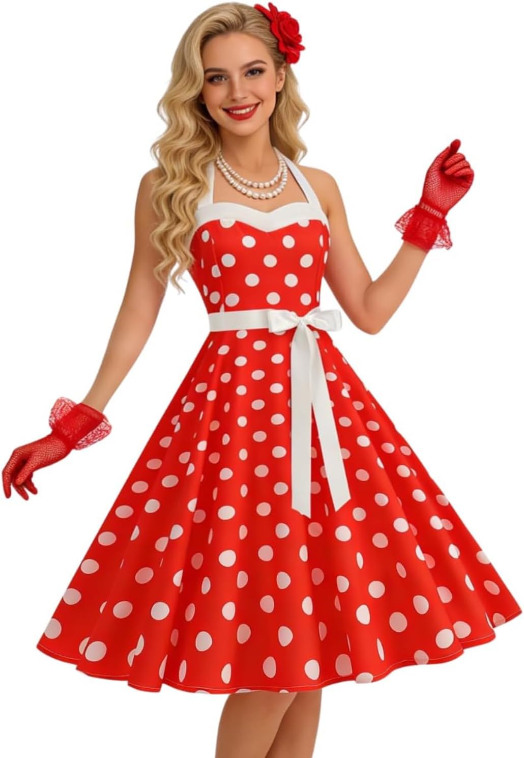 Womens Vintage Dress 1950s with Hat Hairpins, Necklaces, Gloves, Halter Polka Dot Dresses Outfit Tea Party Picnic