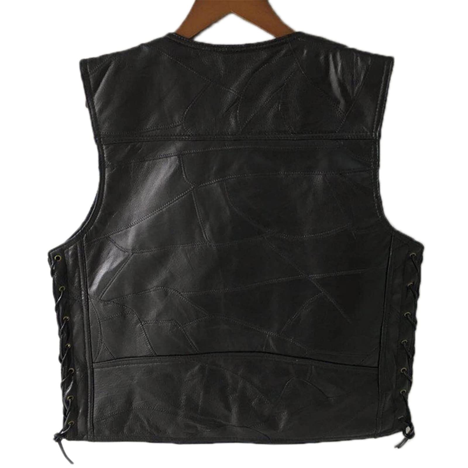 Mens Lacci Laterali Regolabile In Pelle Nera Moto Gilet Biker Gilet Morbida Pelle Di pecora