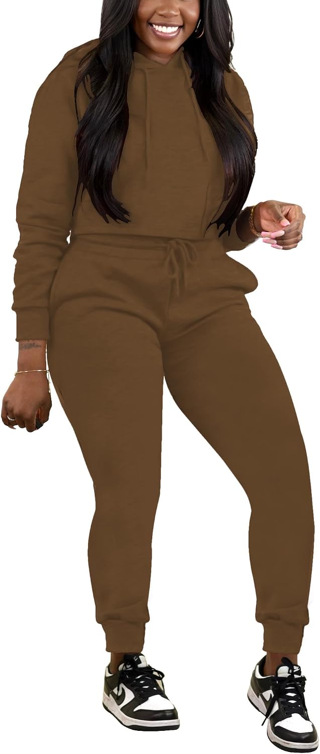 HBQ 2 Piece Outfits For Women Sweatsuits Sets Hooded Tracksuit Long Sleeve Pullover Jogger Sweat Pants Set-M-Coffee