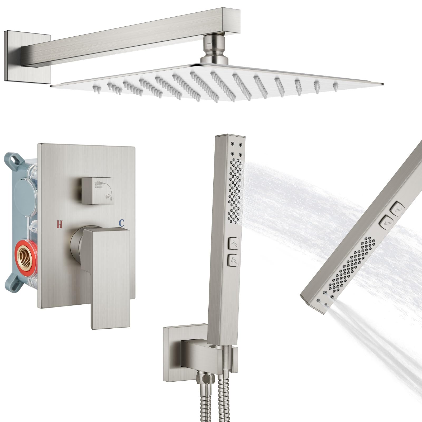 GBBNE Shower Faucet Set Rainfall Shower System with Square Showerhead and Handle Set Fixture with 2 in 1 Function Handheld Sprayer Wall Mounted Trim