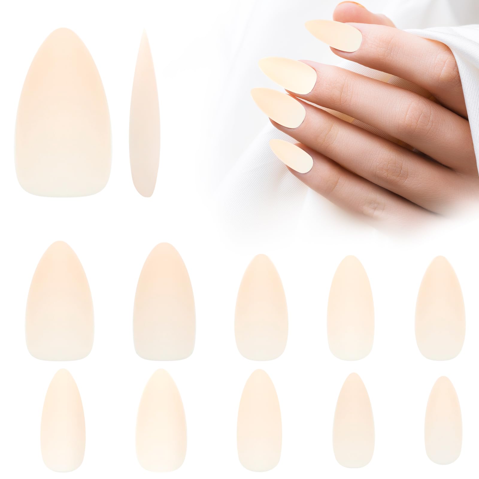 Lokaloka Uñas Postizas Gel Almendra Cortas, 200 Piezas 10 Tamaños Tips Almond Press on Nails Manicura Francesa de Soft Gel UV Kit Falsas Puntas Set para Semipermanentes Acrilicas Diseño Nude