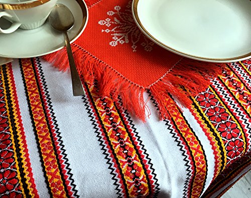 Easter Gift Decorative Fabric with Ukrainian Ornament Tablecloth Easter Ethnic White red Yellow Black 150x220 cm / 59