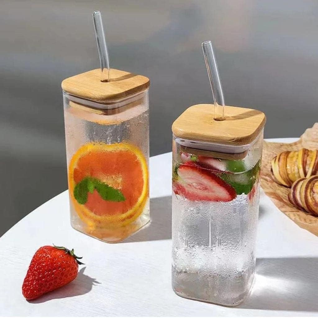SHREE KASHTBHANJAN INTERNATIONAL Square Glass Mason jar Mug Wooden Lid & Glass Straw Used for hot & Cold Drinks(410 ml) (Set of 2) 1