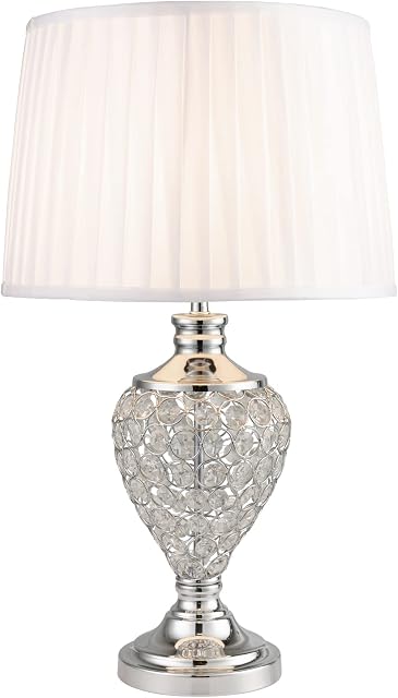 Lighting Supermarket Hepburn Large Crystal Glass Table Lamp with Matching Ivory Pleat Shade - Silver Chrome