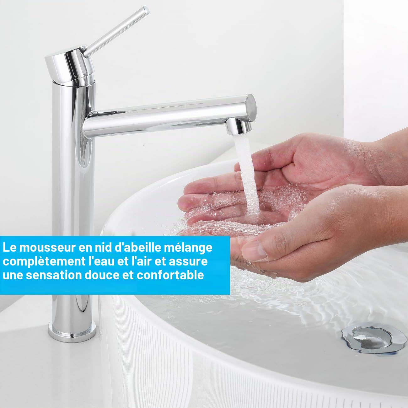 Robinet de Lavabo Haut, Mitigeur Vasque à Poser, Robinetterie Salle de Bain Chaud et Froid Réglable, Acier Inoxydable, Aérateur Démontable, Chromé