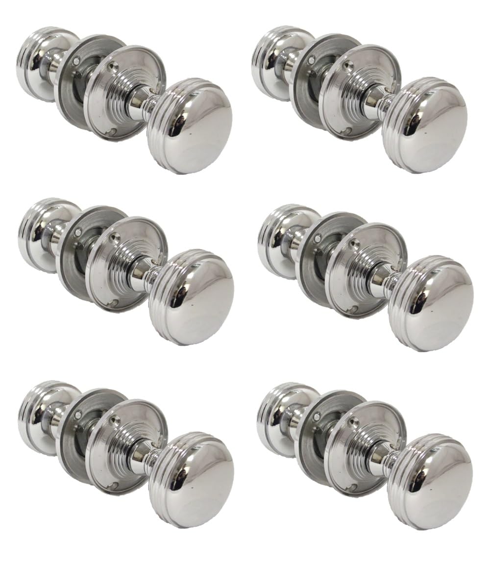 Chrome Polished Round Door Knob Set - Heavy Reeded Style Sprung Internal & External Door Knobs for Mortice Locks. Sets 6