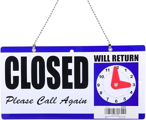 Miniatura 2 de Eagle Letrero abierto y cerrado, plástico, con cadena colgante, doble cara con reloj "Will Return", 6 x 11.5 pulgadas