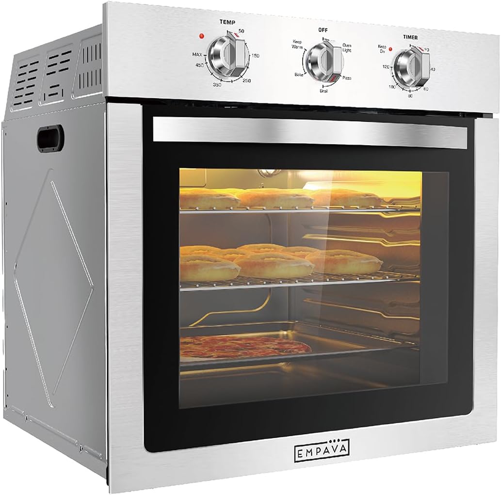 Empava 24 Inch Electric Single Wall Oven 2.5 Cubic Feet Large Capacity Built-In Stainless Steel Baking System with 4 Cooking Modes and Pizza Function for Small Kitchens and Families