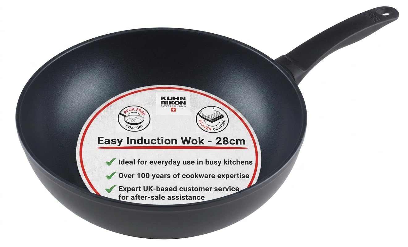 Kuhn Rikon Wok 28cm, Forged Aluminium Non-Stick Induction Frying Pan | PFOA-Free 3-Layer Titanium Hardened Coating, Stay-Cool Handle, Oven Safe to 220 C, All Hob & Dishwasher Safe - Easy Induction