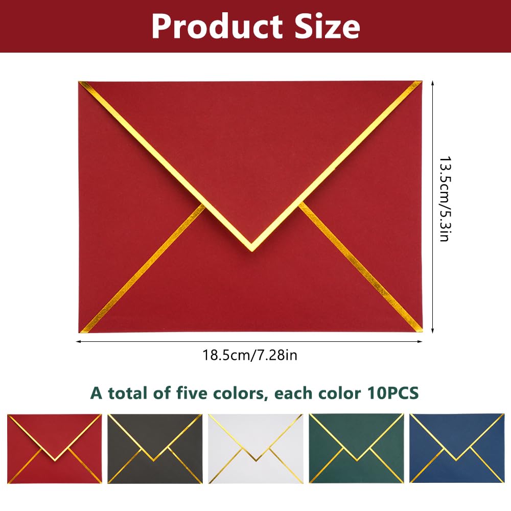 Lot De 50 Enveloppes Multicolores QGGTQG – Format 18,5 X 13,5 Cm – Rabat En V Et Bordure Dorée – Pour Invitations Mariage, Fêtes, Cartes