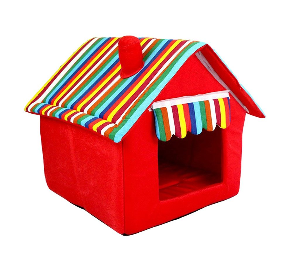WOWOWMEOW Pet Foldable Stripe Cat Dog House Bed Cozy Plush Pet Cave Bed for Puppies, Cats and Small Animals